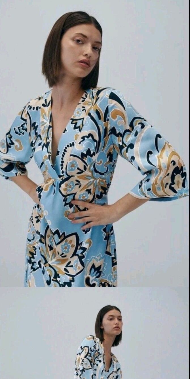 Zara Light Blue Printed Midi Dress Small S Kaftan V-Neck Summer Boho Resort Wear